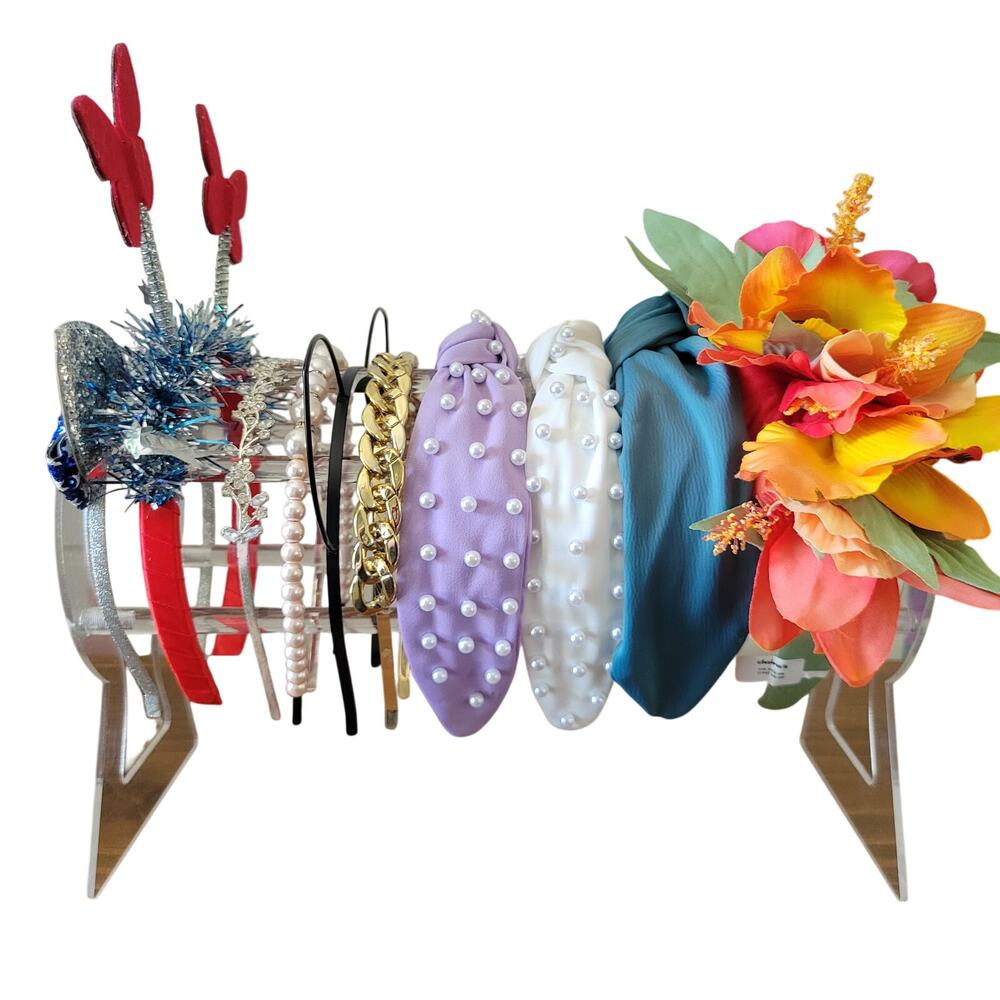 Lot of 10 Claire's Headbands with Acrylic Display Stand - NWT & Like New